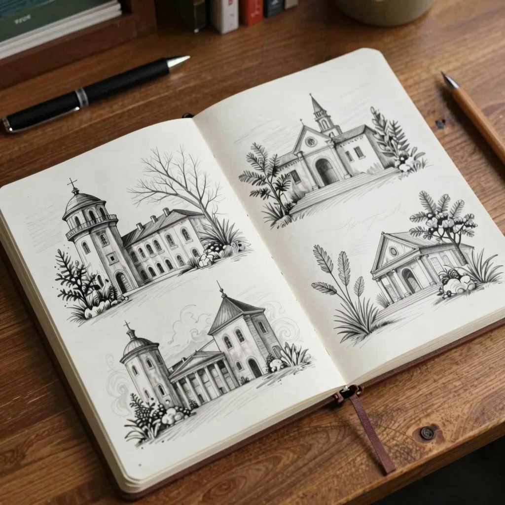 Sketchbook development — open sketchbook with detailed pencil drawings