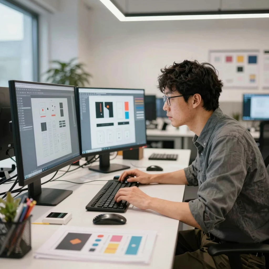 Design layout review — designer working on graphic layouts